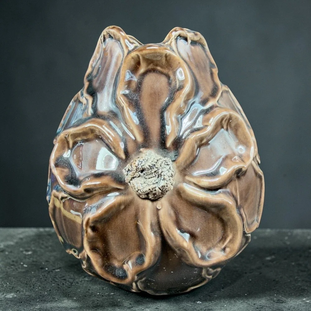 Artisan Ceramic Floral Relief Vase Brown Drip Glaze 3D Sculptural Flower VTG‎